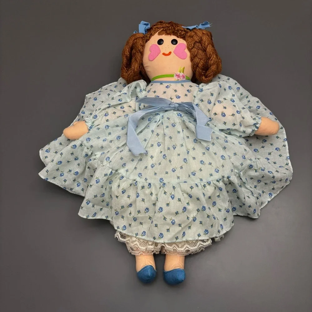 Vintage Handmade Cloth Doll Rag Doll Folk Art Blue Dress Slip Bloomers Yarn Hair